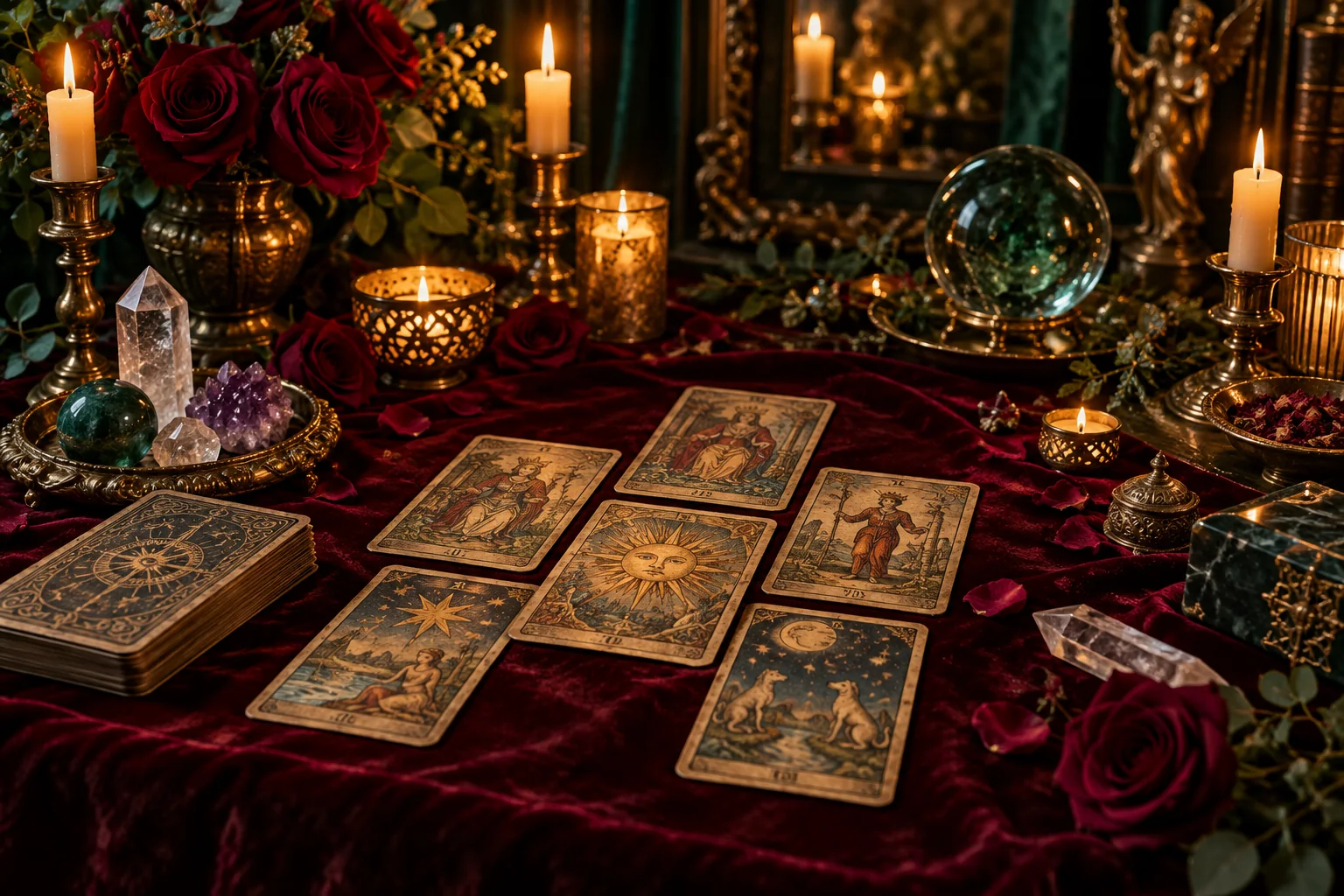 Cartas de tarot, velas y rosas en una mesa de consulta